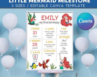 Póster de hitos de La Sirenita (TEXTO EDITABLE) / Letrero de fiesta de decoración de cumpleaños de Ariel / Descarga instantánea