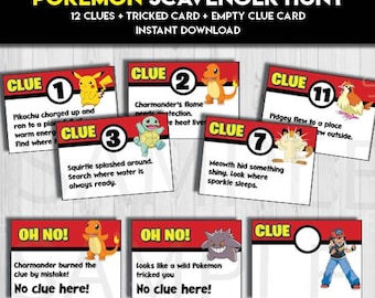 Pokémon Scavenger Hunt Clues Riddles game | Pokemon party birthday Tricky Treasure Hunt Catch ‘Em All | instant download