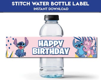 Water bottle label Stitch | Party Decor birthday party Favors lilo | Stitch & Angel Decorations table food label | instant download