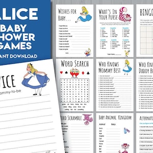 May include: A collection of Alice in Wonderland-themed baby shower games. The games include "Advice for the Mommy-to-be", "Wishes for Baby", "What's in Your Purse", and a Bingo game. The designs feature illustrations of Alice and other characters.