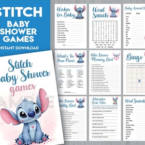 May include: A set of printable Stitch-themed baby shower games. The cover shows a blue Stitch character with large ears. Games include "Wishes for Baby," "Word Search," and "Bingo." The text reads "Stitch Baby Shower Games" and "Instant Download."