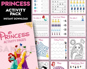 Peut inclure: Un cahier d'activités rose avec le texte "60 PAGES PRINCESS ACTIVITY PACK INSTANT DOWNLOAD" et "PRINCESS ACTIVITY PAGES". Les pages présentent des activités sur le thème des princesses, notamment des labyrinthes, du comptage et la reconnaissance des lettres. Des illustrations de princesses sont visibles.