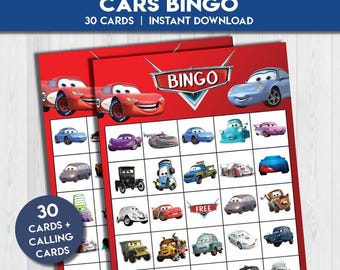 30 BINGOKAARTEN Auto-activiteit | Bliksem McQueen Afdrukbare bingolotto-verjaardagsspel Activiteiten voor kinderen Racefeest | Direct downloaden