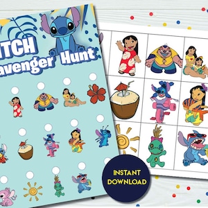 Könnte beinhalten: Zwei bedruckbare Blätter mit Charakteren aus dem Animationsfilm Lilo & Stitch. Ein Blatt ist eine Stitch-Schnitzeljagd mit blauem Hintergrund und Stitch-Charakteren. Das andere Blatt ist ein Raster von Stitch-Charakteren. Ein marineblauer Kreis sagt "Sofort-Download".
