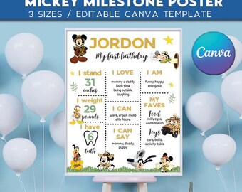 Mickey Mouse Safari Jungle Milestone Board poster EDITABLE TEXT | Clubhouse 1st Birthday Wild One | Instant Download
