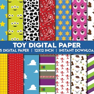 May include: A selection of digital papers, each 12x12 inches (approx. 30x30 cm), featuring diverse patterns. Designs include blue with yellow stars, green aliens, black and white cow spots, red paisley, sheriff badges, pink faces, brown boots, yellow grid, red polka dots, blue clouds, and more. Text reads "TOY DIGITAL PAPER".
