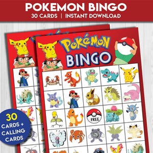 Peut inclure: Deux cartes de Bingo Pokémon rouges avec divers personnages Pokémon et le texte "Pokemon Bingo". Les cartes ont une mise en page en grille avec des images de personnages Pokémon. Le haut de la carte indique "Pokemon Bingo" et "30 cartes | Téléchargement instantané". Un cercle bleu indique "30 cartes + cartes d'appel".