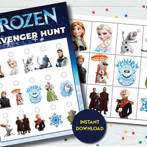 May include: A Frozen-themed scavenger hunt game with character images and circles for marking. The title "FROZEN SCAVENGER HUNT" is displayed in blue and white. The words "INSTANT DOWNLOAD" are on a navy blue circle.