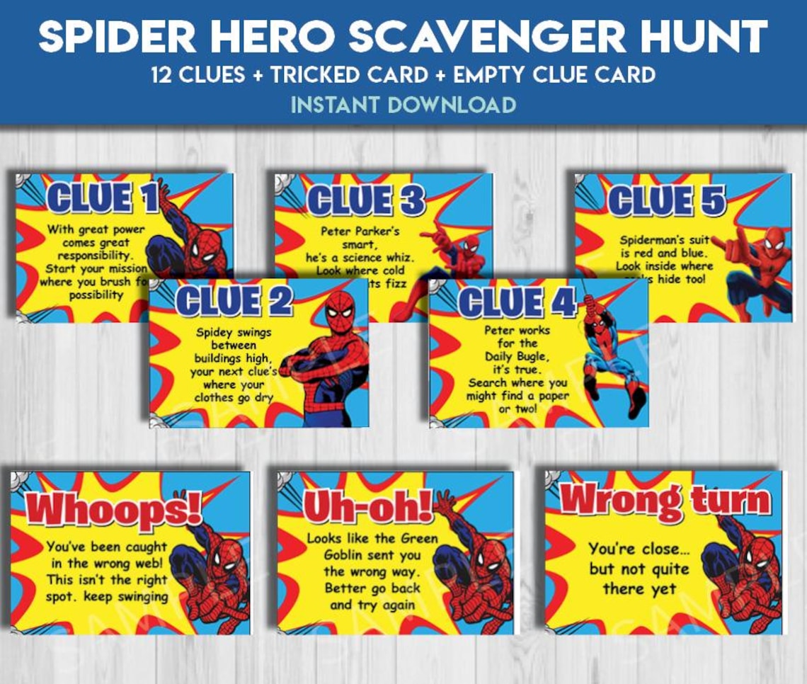 Spider Web Riddle Spider Hero Scavenger Hunt Clues Riddles Game | Web Slinger Tricky ...