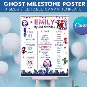 May include: A framed milestone poster with the text "Emily My 3rd birthday". The poster includes information about the child's height, weight, and favorite things. White balloons are in the background.