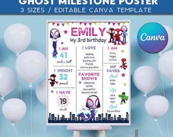 Ghost Spider Milestone Board poster EDITABLE TEXT | Spidey Birthday party Sign | Instant Download