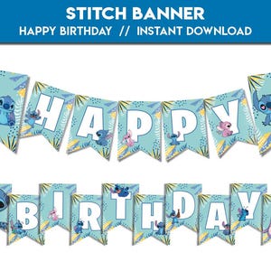 Happy Birthday banner Stitch | Party Decor Bunting happy birthday party Favors lilo | Stitch & Angel Decorations flag | instant download