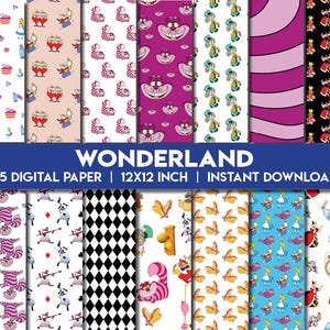 May include: A collection of 45 digital papers with a Wonderland theme. The papers feature various patterns, including the Cheshire Cat, Alice, and other iconic imagery. Each paper measures 12x12 inches.