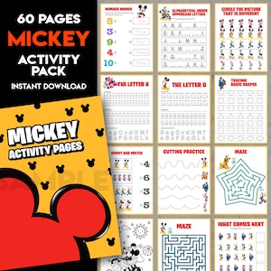Op de afbeelding: Een Mickey Mouse activiteitenpakket met 60 pagina's. De omslag is geel met zwarte Mickey Mouse silhouetten en de woorden "Mickey Activity Pages". Bevat pagina's voor het traceren, doolhoven en het leren van het alfabet en cijfers.