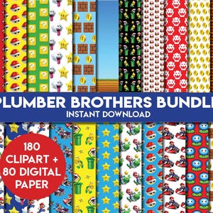 Super Plumber Brothers Digital Paper clipart bundle | Mario Papers Scrapbook pattern Backgrounds |  Textures Paper | instant download