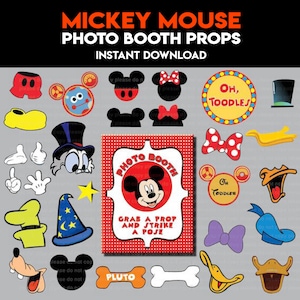 May include: A collection of Mickey Mouse photo booth props, including ears, bows, hats, and signs. The props are in various colors, such as red, yellow, blue, and black. The text on the sign reads "Grab a prop and strike a pose."
