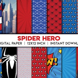 May include: A collection of 55 digital papers with a Spider-Hero theme. The papers feature various patterns, including spider webs, cityscapes, and comic book-style graphics. The color palette includes red, blue, white, and black. The text "SPIDER HERO" is displayed prominently.