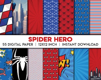 May include: A collection of 55 digital papers with a Spider-Hero theme. The papers feature various patterns, including spider webs, cityscapes, and comic book-style graphics. The color palette includes red, blue, white, and black. The text "SPIDER HERO" is displayed prominently.