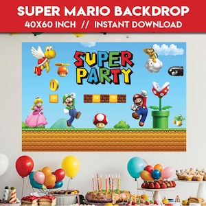 Puede incluir: Un telón de fondo con temática de Super Mario, de 101,6 x 152,4 cm, con personajes y elementos del videojuego. El telón de fondo incluye a Mario, Luigi, la Princesa Peach y otras imágenes icónicas sobre un fondo de cielo azul. Las palabras "SUPER PARTY" se muestran de forma destacada.
