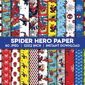 Könnte beinhalten: Eine Sammlung von digitalen Papieren im Spider-Man-Design, 30,48 cm x 30,48 cm. Die Designs zeigen Comic-Panels, Spider-Man-Illustrationen, Spinnennetze und die Spider-Man-Maske in Rot, Blau, Gelb und Weiß. Der Text "SPIDER HERO PAPER" ist zu sehen.