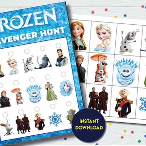 May include: A blue and white Frozen-themed scavenger hunt game with character images and the text "Frozen Scavenger Hunt". The game includes images of Elsa, Anna, Olaf, and other characters. The words "Instant Download" are also visible.