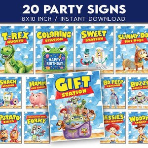 Könnte beinhalten: Ein Set aus 20 druckbaren Partyschildern im Format 20x25 cm mit Toy Story-Figuren wie Woody, Buzz Lightyear und Rex. Jedes Schild zeigt einen Titel für eine Essens- oder Aktivitätsstation vor einem Hintergrund mit blauem Himmel und Wolken.