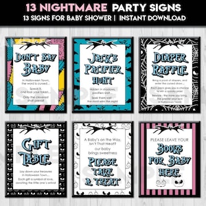 Paquete de letreros para mesa de baby shower de pesadilla, Halloween, Navidad, póster de bienvenida, decoración de mesa, carteles imprimibles NBC NO4, descarga instantánea