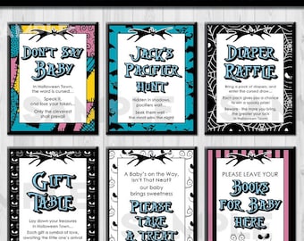 Paquete de letreros para mesa de baby shower de pesadilla, Halloween, Navidad, póster de bienvenida, decoración de mesa, carteles imprimibles NBC NO4, descarga instantánea