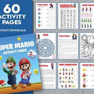 Könnte beinhalten: Ein Super Mario-Aktivitätsbuch mit 60 Seiten, mit Mario und Luigi. Das Cover zeigt den Titel und die Charaktere, mit Aktivitätsseiten zum Zählen, Zuordnen und Labyrinthen. Das Wort "Sofort-Download" ist ebenfalls sichtbar.