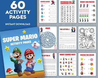 Páginas de atividades do Mario | Pacote de atividades pré-escolares | Atividades escolares imprimíveis do Mario para crianças | Labirinto para colorir - Download instantâneo