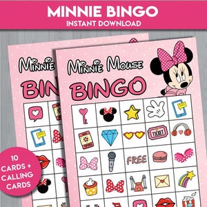Op de afbeelding: Roze Minnie Mouse Bingo kaarten met diverse thema-afbeeldingen. De kaarten bevatten de tekst "MINNIE BINGO" en "INSTANT DOWNLOAD". Een roze cirkel geeft "10 KAARTEN + OPROEPKAARTEN" aan.