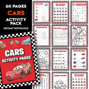 以下が含まれることがあります： 60ページのCarsをテーマにしたアクティビティパック。さまざまな教育ゲームとパズルが特徴です。表紙には赤いレーシングカーと「CARS ACTIVITY PAGES」の文字が表示されています。このパックには、トレース、マッチング、カウントのアクティビティが含まれています。