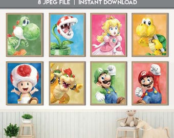 Super Plumber Brothers Wall Art Classic Mario Game | Nursery Prints Luigi decoration set of 8 | instant download