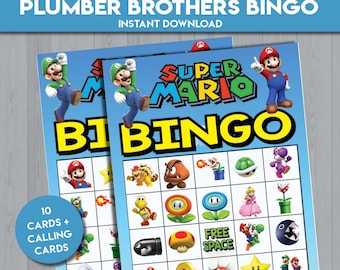 May include: Two blue bingo cards with the text "PLUMBER BROTHERS BINGO" and "SUPER MARIO BINGO". The cards feature illustrations of Mario characters and bingo squares. The text "10 CARDS + CALLING CARDS" is in a blue circle.