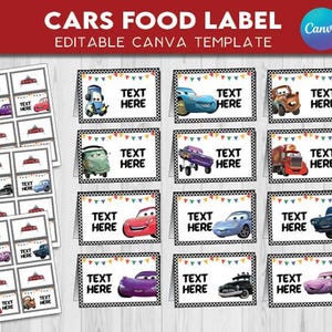 May include: A collection of Cars-themed food labels with a black and white checkered border and colorful bunting. Each label features a different cartoon car and the text "TEXT HERE". The top banner reads "CARS FOOD LABEL EDITABLE CANVA TEMPLATE".