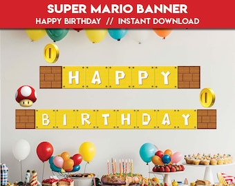 Super Plumber Brothers happy birthday banner flag | Bunting Mario game party birthday set banner | Luigi decoration | instant download