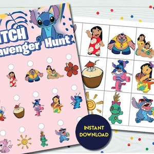 May include: A pink and white printable "Stitch Scavenger Hunt" game sheet with cartoon characters. The sheet features Stitch, Lilo, and other characters from the animated movie. A second sheet with character images is also shown. The words "Instant Download" are on a blue circle.