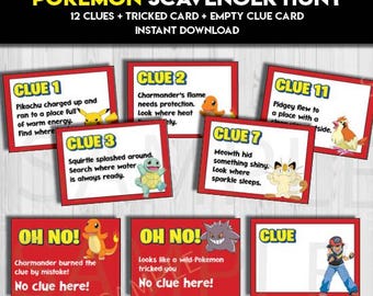 Pokémon Scavenger Hunt Clues Riddles Game | Pokemon Party Birthday ...