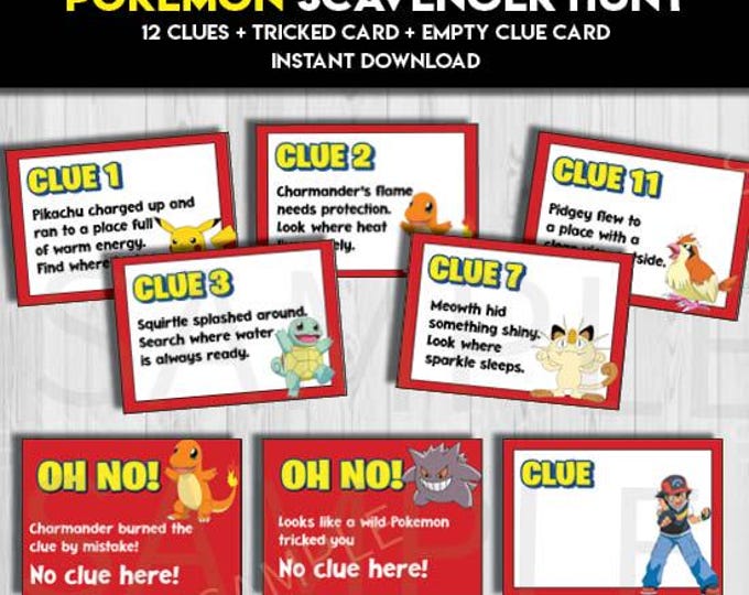 Pokémon Scavenger Hunt Clues Riddles Game | Pokemon Party Birthday ...