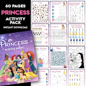 May include: A princess-themed activity pack with 60 pages, featuring various educational games and puzzles. The cover displays several Disney princesses. Inside, there are activities like I Spy, number words, letter recognition, mazes, and cutting practice. The text "Princess Activity Pack" is visible.