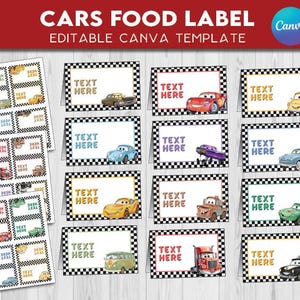 May include: A collection of Cars-themed food labels with a checkered border. Each label features a different cartoon car and the text "TEXT HERE". The labels are designed as an editable Canva template.