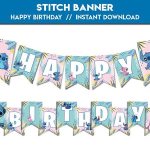 Happy Birthday banner Stitch | Party Decor Bunting happy birthday party Favors lilo | Stitch & Angel Decorations flag | instant download