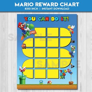 May include: A Mario-themed reward chart with the text "Mario Reward Chart" and "You Can Do It!" in a blue banner. The chart features Mario characters and yellow reward boxes. The chart measures 8x10 inches.