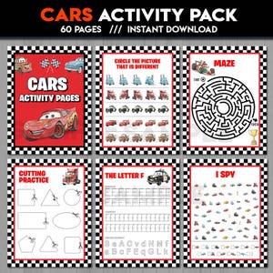 May include: A digital activity pack for kids featuring car-themed games and puzzles. The pack includes mazes, cutting practice, I Spy, and letter tracing activities. The cover displays the text "CARS ACTIVITY PACK" and "60 PAGES /// INSTANT DOWNLOAD".