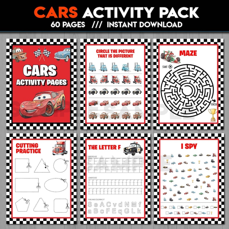May include: A digital activity pack for kids featuring car-themed games and puzzles. The pack includes mazes, cutting practice, I Spy, and letter tracing activities. The cover displays the text "CARS ACTIVITY PACK" and "60 PAGES /// INSTANT DOWNLOAD".