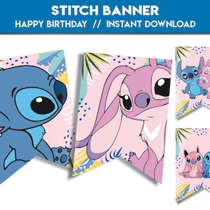 Happy Birthday banner Stitch | Party Decor Bunting happy birthday party Favors lilo | Stitch & Angel Decorations flag | instant download