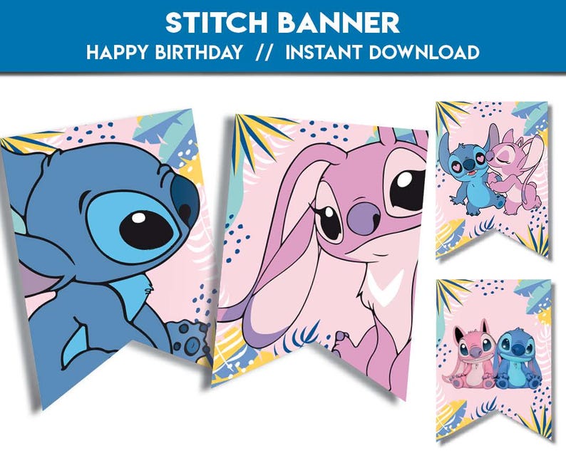 May include: A banner set featuring the characters Stitch and Angel from the animated film Lilo & Stitch. The banner includes the text "STITCH BANNER HAPPY BIRTHDAY // INSTANT DOWNLOAD". The banner has a pink background with tropical leaf accents.