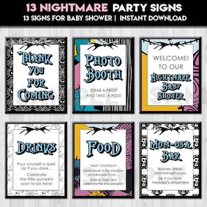 Paquete de letreros para mesa de baby shower de pesadilla, Halloween, Navidad, póster de bienvenida, decoración de mesa, carteles imprimibles NBC NO4, descarga instantánea