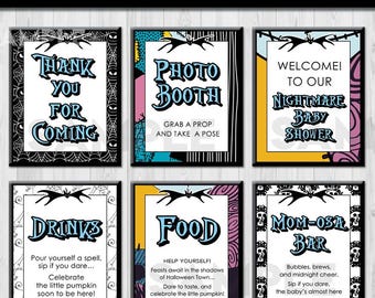 Paquete de letreros para mesa de baby shower de pesadilla, Halloween, Navidad, póster de bienvenida, decoración de mesa, carteles imprimibles NBC NO4, descarga instantánea