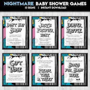 Paquete de carteles para mesa de baby shower de pesadilla, Halloween, Navidad, póster de bienvenida, decoración de mesa, carteles imprimibles NBC, descarga instantánea